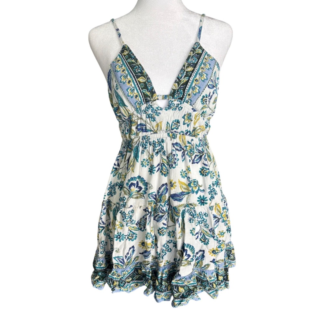 Floral Paisley Sundress Small Blue Green Boho Cottagecore Open Back Tie Angie